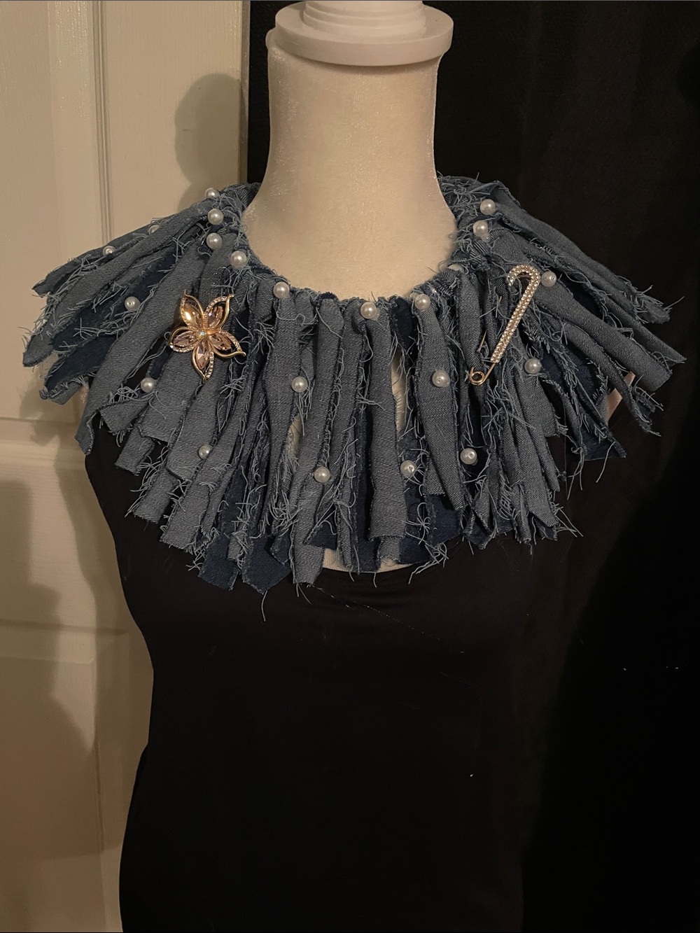 Statement Denim Fringe Necklace with Pearl Accents